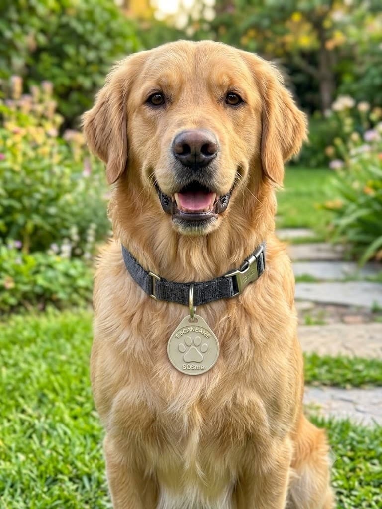 Golden retriever con chapita SOSme en el collar en un jardín