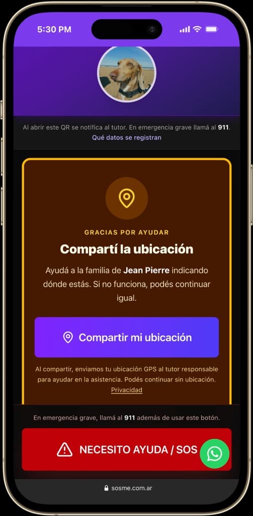 Pantalla SOSme pidiendo compartir ubicación tras escanear el QR