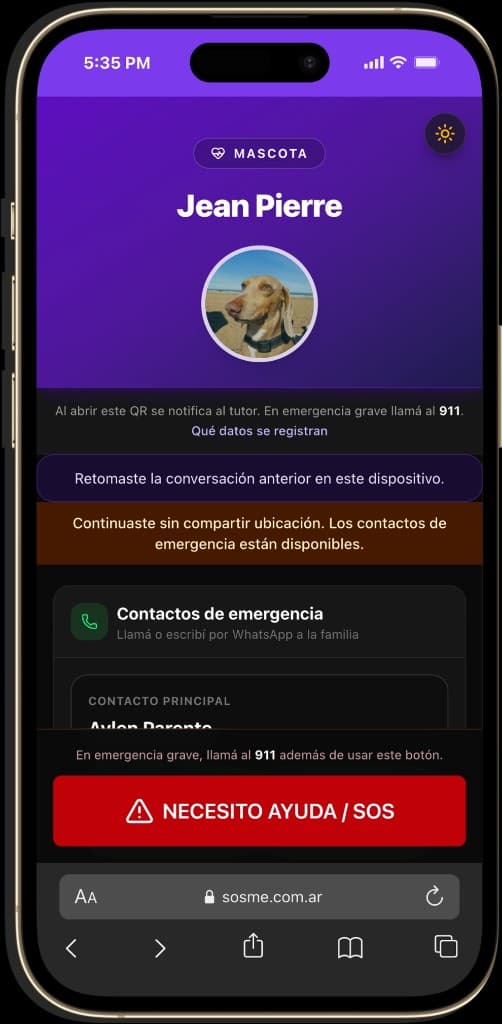 Perfil público SOSme con foto de mascota y aviso al tutor