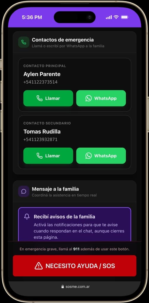 Contactos de emergencia con botones de llamar y WhatsApp