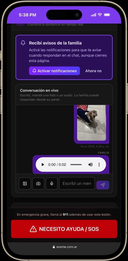 Chat SOSme con foto de mascota y mensaje de audio de la familia
