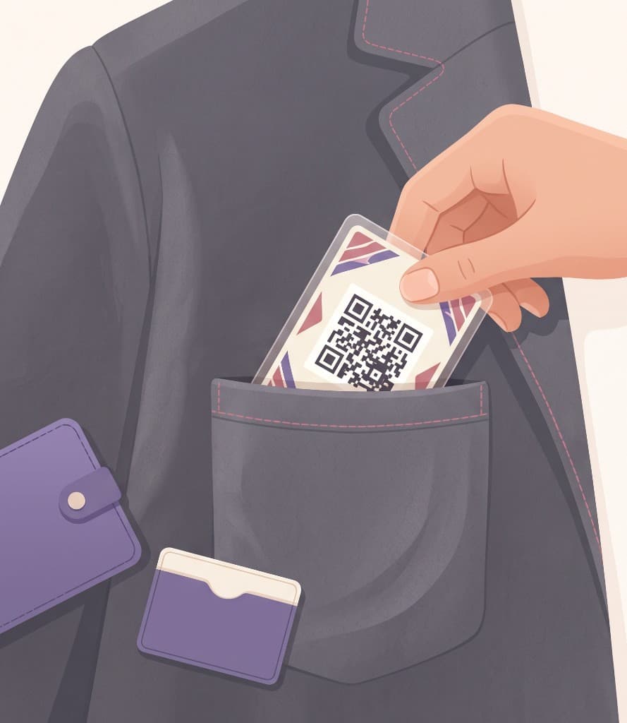 Tarjeta con código QR guardada en el bolsillo de una chaqueta